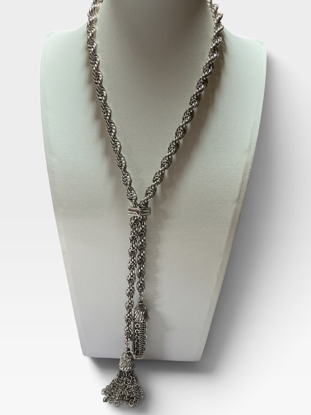 Vintage Rope & Tassel Slider Necklace Silver Tone
